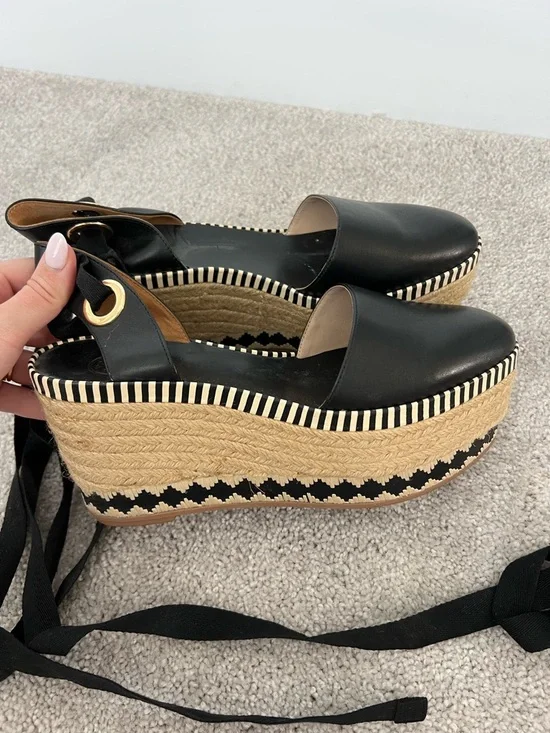 Tory Burch Black Espadrille Platform Sandals with Ankle Tie - Picture 5 of 7